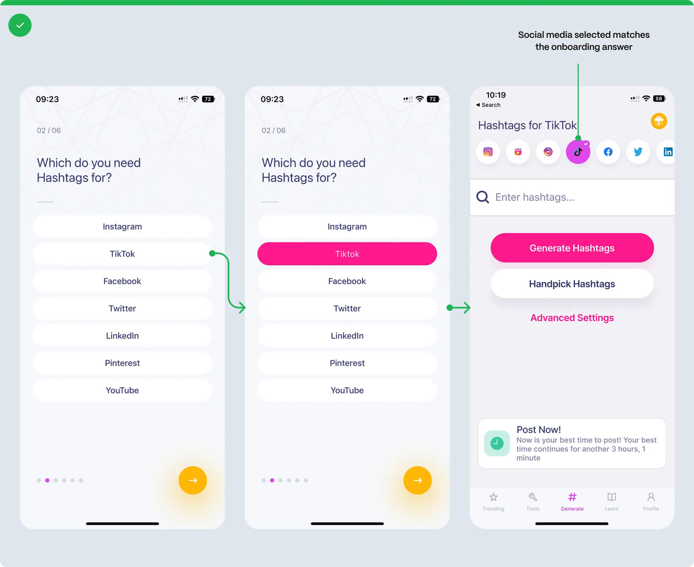 An onboarding question and social media selection after optimization