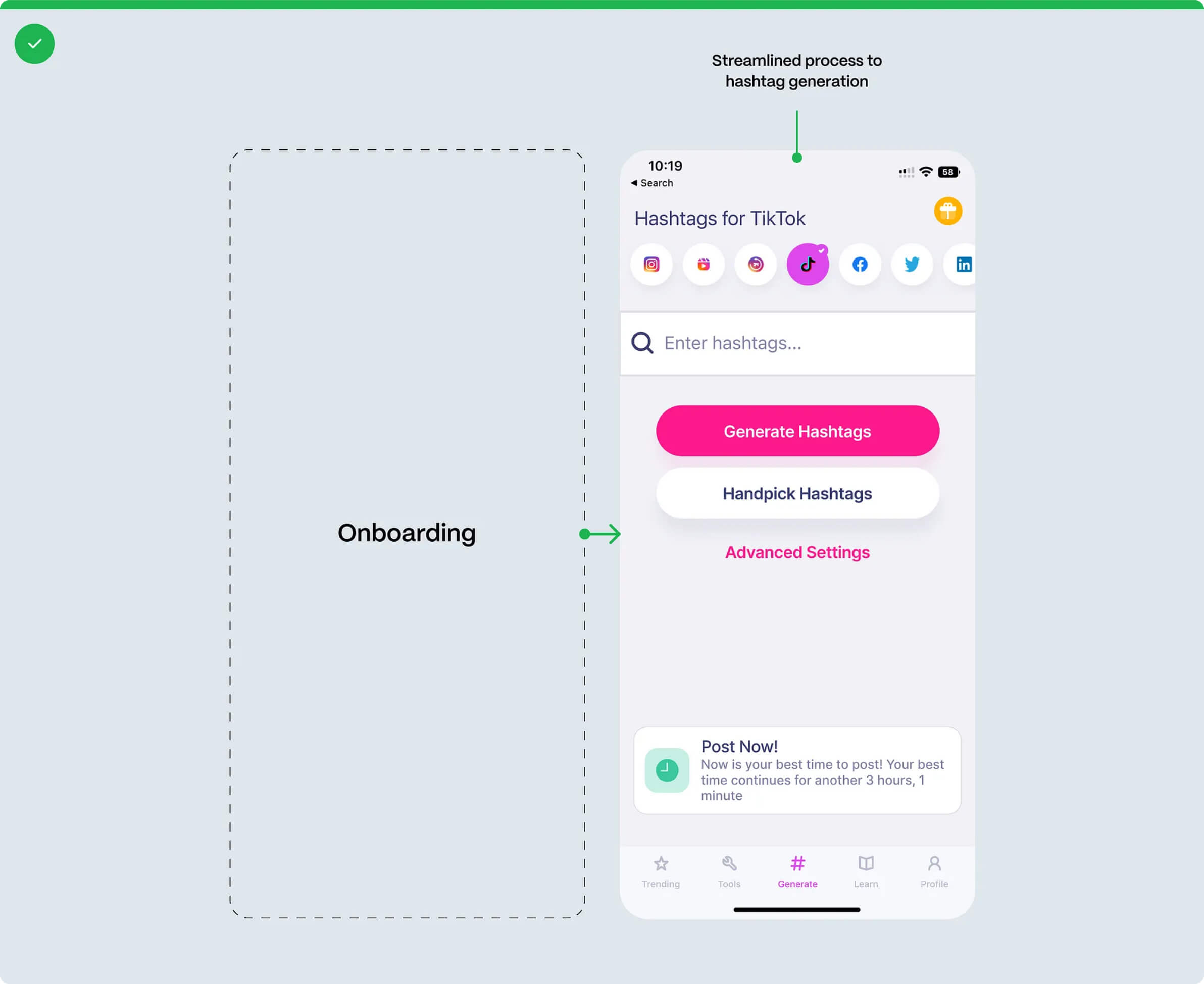 An onboarding question and social media selection before optimization