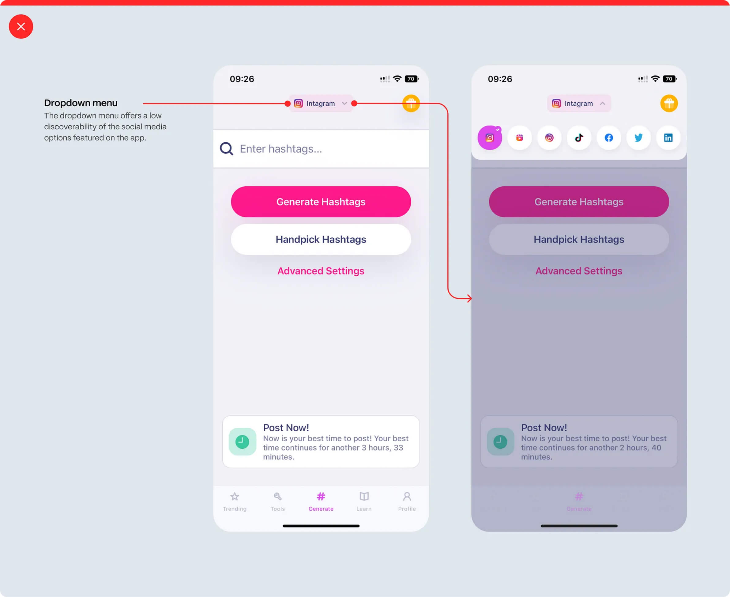 Social media selection component before optimization.